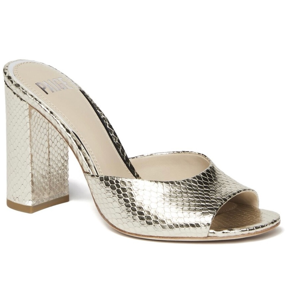 PAIGE Gold Snake-Print Leather Sloane Heeled Sandals